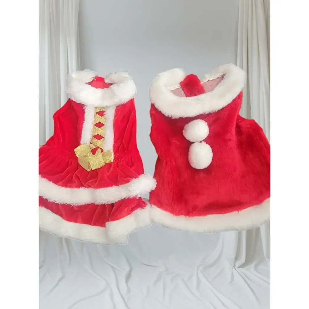 2 Santa Christmas Dog Coat Dress Red White Winter Velvet Faux Fur Size Small
